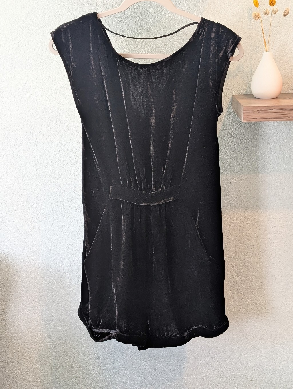 Bcbgmaxazria Black Rayon/Silk Velvet Romper Top With Back Drapes.
